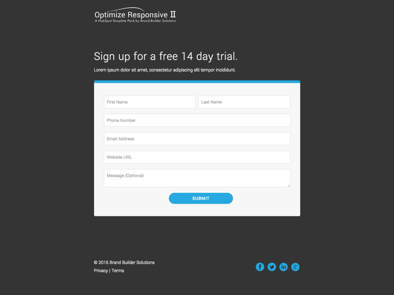 Optimize Responsive 2 Sign Up Landing Page HubSpot Template